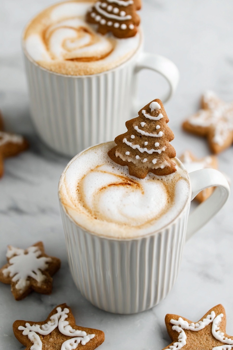 Two white ribbed mugs filled with creamy, foamy cappuccinos sit on a white marbled surface. Each cappuccino has a light brown swirl design on top of the foam. On the rim of each mug, there is a brown gingerbread cookie shaped like a Christmas tree decorated with white icing. Around the mugs on the white marbled surface, there are more gingerbread cookies shaped like stars and trees, all decorated with white icing. The overall look is cozy and festive. photo taken with an iphone --ar 2:3 --v 7 - Gingerbread Latte, cozy coffee drinks, holiday coffee recipes, homemade gingerbread syrup, festive winter beverages