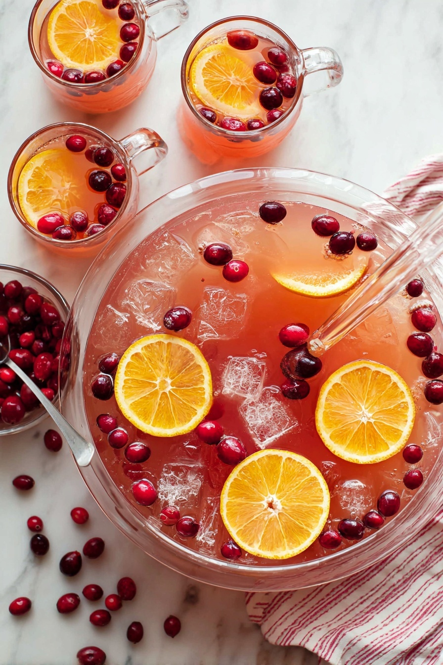 The image shows three small, round glass cups filled with a light orange drink, each topped with floating dark red cranberries and a bright orange slice on the rim. Behind the cups is a large glass bowl filled with the same orange drink and cranberries, slightly blurred. The cups and bowl sit on a white wooden surface with a white marbled texture background. One orange slice is placed next to the closest cup in the foreground. The scene is bright and clean. photo taken with an iphone --ar 2:3 --v 7 - Festive Cranberry Orange Punch, Cranberry Orange Punch Ingredients, Holiday Fruit Punch, Alcohol-Free Party Punch, Winter Cocktail Ideas