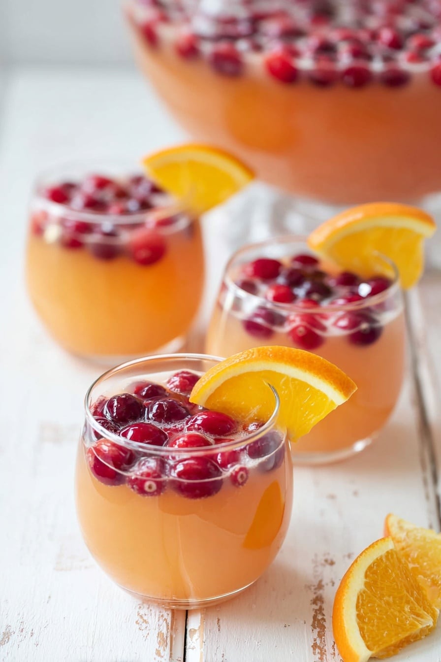 A large clear glass bowl filled with a pinkish-orange punch and ice cubes, floating on top are five bright orange round slices and many small dark red cranberries spread across the surface. A clear stirring spoon rests inside the bowl. Around the bowl, there are three clear glass mugs filled with the same punch, each with floating cranberries and one orange peel slice on the rim. A small clear bowl with more cranberries and half an orange are placed nearby on a white marbled surface with a white cloth striped in red. photo taken with an iphone --ar 2:3 --v 7 - Festive Cranberry Orange Punch, Cranberry Orange Punch Ingredients, Holiday Fruit Punch, Alcohol-Free Party Punch, Winter Cocktail Ideas