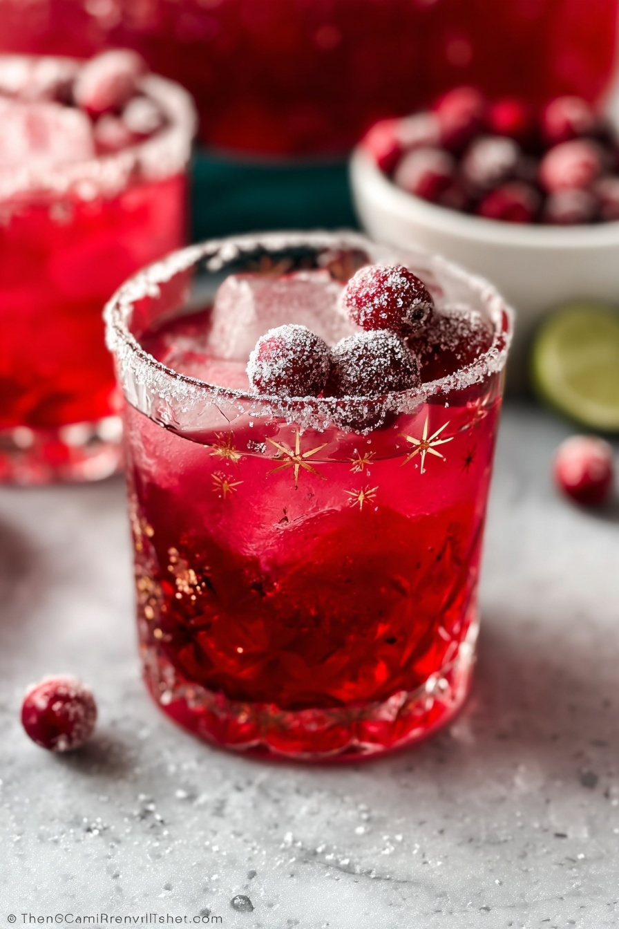 A short glass with a star pattern is filled with a bright red drink, ice cubes, and topped with several sugar-coated cranberries that add a frosty texture on top. The glass rim is lightly dusted with sugar. In the blurred background, another similar glass and a small white bowl of more sugar-coated cranberries can be seen. The scene is set on a white marbled surface. photo taken with an iphone --ar 2:3 --v 7 - Festive Cranberry Margarita, holiday margarita recipe, cranberry margarita, holiday cocktail, easy festive drinks