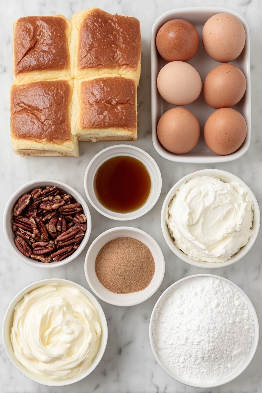 Flat lay of a small pile of golden brioche bread cubes, a handful of roughly chopped toasted pecans, six whole brown eggs with clean shells, a small white ceramic bowl of milk, a small white bowl filled with amber maple syrup, a small white bowl of light brown packed brown sugar, a small white bowl containing ground cinnamon, a tiny white bowl with ground nutmeg, a tiny white bowl with fine salt, a small white bowl of thick cold whipping cream, a small white bowl of white confectioners' sugar, placed on a clean white marble surface, soft natural light, photo taken with an iPhone, professional food photography style, fresh ingredients, white ceramic bowls, no bottles, no duplicates, no utensils, no packaging --ar 2:3 --v 7 --p m7354615311229779997 - Overnight French Toast Casserole with Maple Cinnamon Whipped Cream, easy breakfast casserole, crowd-pleasing brunch recipes, make-ahead French toast, decadent breakfast ideas