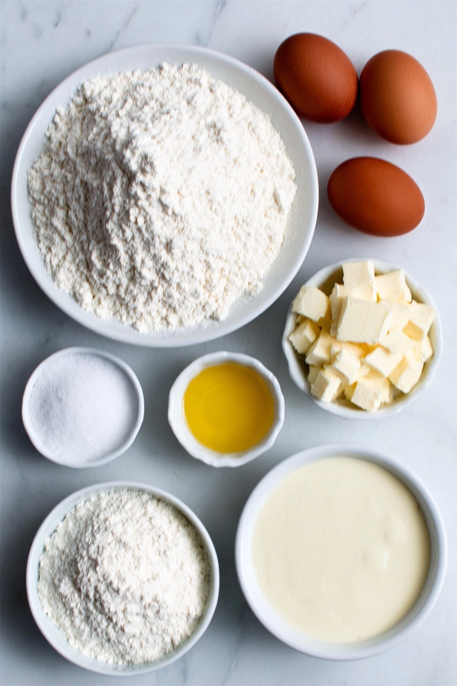 Flat lay of a small mound of all-purpose flour on a simple white ceramic plate, a small white bowl filled with baking powder, a small white bowl with freshly grated nutmeg, a few tablespoons of melted butter pooled in a small white bowl, two whole uncracked brown eggs, a small white bowl containing granulated sugar, and a small white bowl holding creamy eggnog, each ingredient arranged symmetrically with natural textures and colors, placed on a clean white marble surface, soft natural light, photo taken with an iPhone, professional food photography style, fresh ingredients, white ceramic bowls, no bottles, no duplicates, no utensils, no packaging --ar 2:3 --v 7 --p m7354615311229779997 - Eggnog Waffles, holiday breakfast recipes, festive waffle ideas, Christmas brunch recipes, cozy holiday breakfast