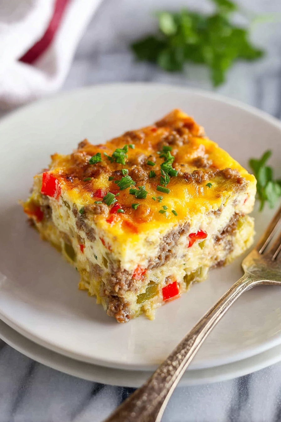 A square piece of layered casserole sits on a white plate with a silver fork next to it. The casserole has three visible layers, each mixed with bits of green and red vegetables, likely peppers, and browned crumbled meat. The top layer is golden brown with sprinkled chopped green herbs. A small green leafy garnish is placed on the plate behind the casserole. The dish is on a white marbled surface. Photo taken with an iphone --ar 2:3 --v 7 - Sausage Egg Breakfast Casserole, breakfast casserole, cheesy breakfast bake, easy brunch recipe, hearty breakfast ideas