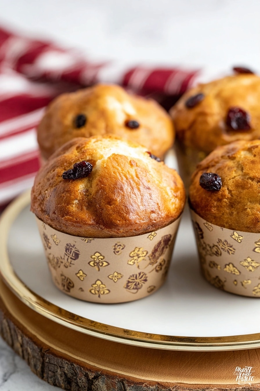 The image shows four golden brown muffins with a shiny, slightly cracked top, each with dark red dried fruit pieces visible on the surface. They are wrapped in light brown paper liners with dark brown script and small gold flower patterns. The muffins sit on a white plate with a thin gold rim, placed on a rustic wooden slice. In the background, there is a red and white striped cloth softly blurred. The overall setting has a clean, bright feel with a white marbled texture under the wooden slice. Photo taken with an iphone --ar 2:3 --v 7 - Easy Italian Panettone, Italian panettone baking, holiday Italian bread, fluffy fruit-studded bread, homemade panettone
