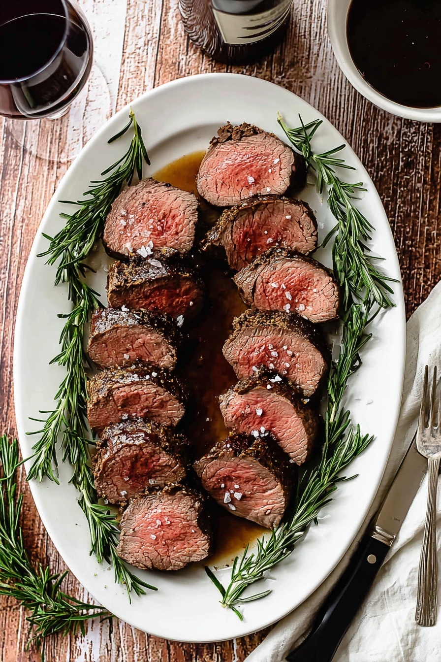 A white oval plate holds about ten slices of medium-rare beef steak, each slice showing a pink center with a dark brown, charred crust, topped with small flakes of salt. Around the beef are several fresh sprigs of green rosemary, placed evenly on all sides of the plate. The plate sits on a wooden table, which is replaced here with a white marbled texture. On the bottom right, there is a black-handled sharp knife and a two-pronged fork resting next to a white cloth napkin. At the top right, a white bowl with dark gravy or sauce is partially visible. Two glasses of dark red wine and the neck of a wine bottle are also present, adding to the rustic setting. Photo taken with an iphone --ar 2:3 --v 7 - Beef Tenderloin with Red Wine Sauce, fancy beef dinner, gourmet beef recipe, easy red wine sauce, special occasion beef dish