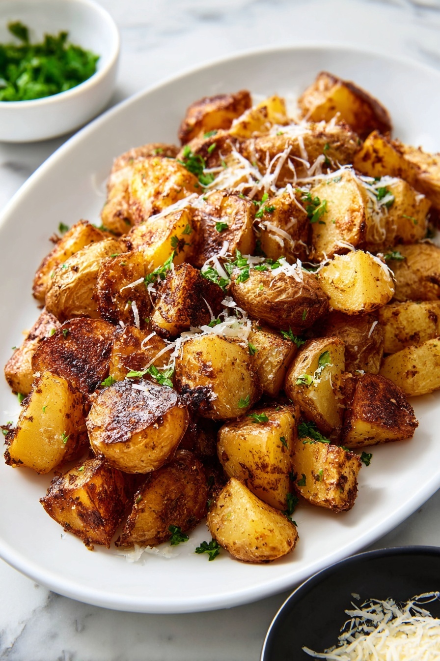 The image shows a white oval plate filled with roasted potato pieces that have a golden-brown and slightly dark crispy texture on the edges. The potatoes are cut into uneven, chunky chunks and scattered with small green parsley leaf pieces on top. There is a light grate of white cheese sprinkled over the potatoes, adding fine strands of white texture. The plate rests on a white marbled surface, with a small white bowl of green garnish blurred in the background and a black bowl containing more grated cheese partially visible at the bottom edge. Photo taken with an iphone --ar 2:3 --v 7 - Garlic Rosemary Roast Potatoes, crispy roast potatoes, herby garlic roast potatoes, easy side dish recipes, flavorful roast potatoes