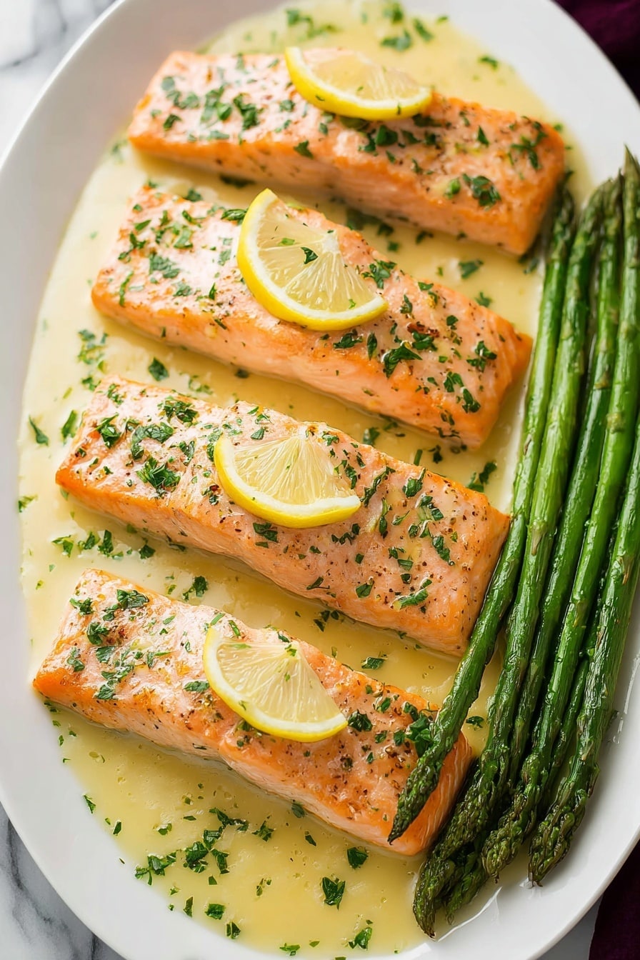A white oval plate holds four rectangular salmon fillets arranged in two rows, each fillet topped with a small lemon wedge and sprinkled with chopped green herbs. The salmon has a light orange color with a slightly shiny, cooked texture. Surrounding the fillets is a pale yellow sauce that pools around the edges. On the right side of the plate, there is a bundle of bright green asparagus spears laid neatly in a row. The plate is set on a white marbled surface. photo taken with an iphone --ar 2:3 --v 7 - Garlic Lemon Butter Salmon, salmon dinner recipes, quick seafood recipes, easy healthy salmon, flavorful salmon dishes