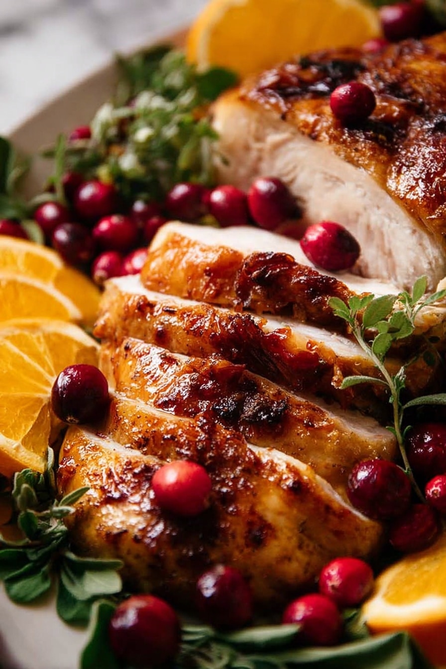 The image shows a close-up of sliced cooked chicken with a golden brown crispy skin arranged in layers. On top of the chicken parts, there are bright red cranberries scattered, adding spots of bright color. Around the chicken, there are fresh green leaves giving a lively touch. In the background, wedges of orange with a bright yellow color sit beside the chicken. All this food is on a white plate on a white marbled surface. The photo has a warm, inviting look with the textures of the juicy chicken skin and fresh fruit clear and sharp. photo taken with an iphone --ar 2:3 --v 7 - Juicy Roast Turkey with Crispy Skin, Roast Turkey, Perfect Holiday Turkey, Easy Turkey Recipe, Crispy Skin Roast Turkey