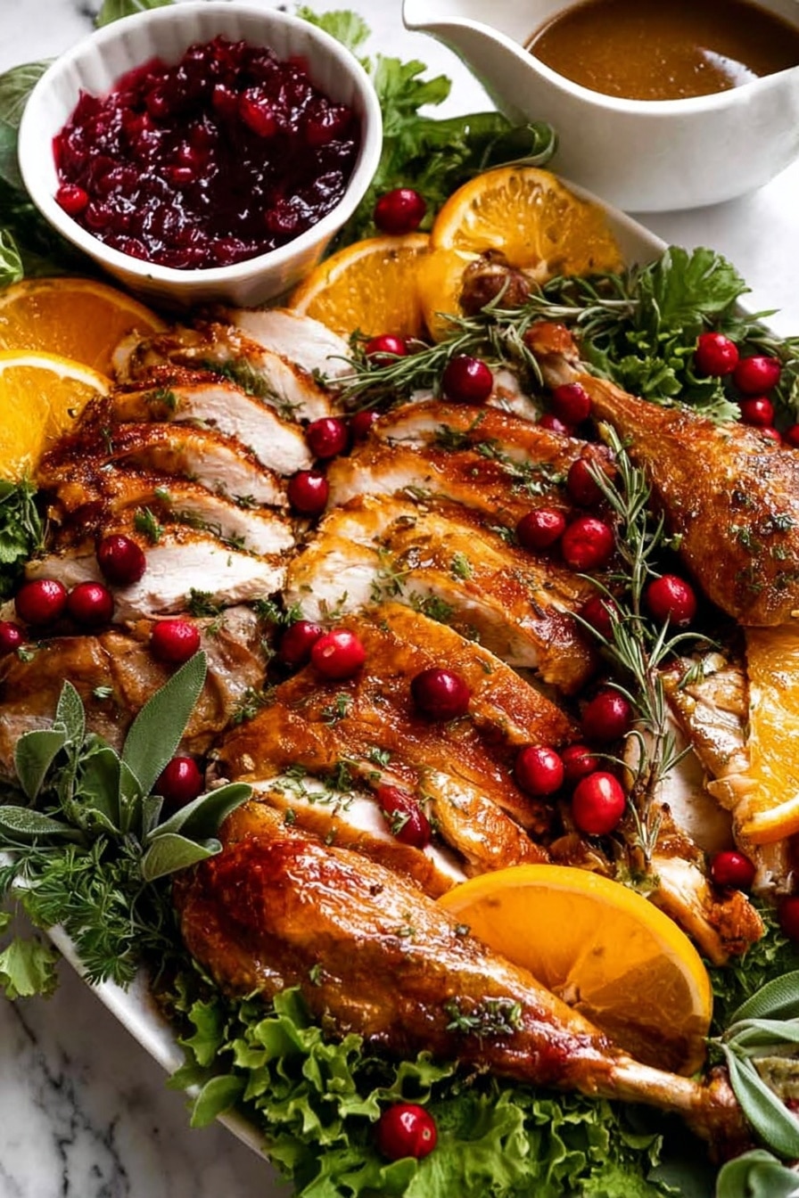 A white plate filled with several layers of roasted turkey pieces, including sliced turkey breast in the center, orange wedges scattered around, and whole turkey legs placed on the sides. Bright red cranberries are sprinkled over the turkey slices and around the plate. The plate is surrounded by fresh green leafy herbs. There is a small white bowl at the top filled with deep red cranberry sauce and a white gravy boat with brown gravy on the side. The background is a white marbled texture. Photo taken with an iphone --ar 2:3 --v 7 - Juicy Roast Turkey with Crispy Skin, Roast Turkey, Perfect Holiday Turkey, Easy Turkey Recipe, Crispy Skin Roast Turkey