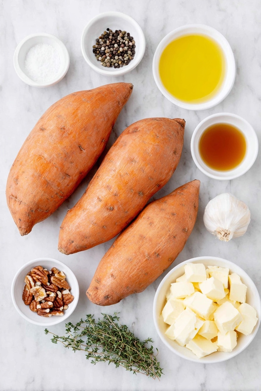 Flat lay of three thick whole sweet potatoes with vibrant orange skin, a small white bowl of melted unsalted butter, a small white bowl of golden olive oil, a small white bowl of coarse kosher salt, a small white bowl of whole black peppercorns, a small white bowl of rich low sodium chicken stock, a single fresh garlic clove, a small white bowl of amber pure maple syrup, a small white bowl of unsalted butter cubes, a small white bowl of roughly chopped pecans, a small white bowl of ground cinnamon, a small pinch of fine salt on the surface, and fresh green thyme sprigs with leaves intact all arranged in perfect symmetry on a clean white marble surface, soft natural light, photo taken with an iPhone, professional food photography style, fresh ingredients, white ceramic bowls, no bottles, no duplicates, no utensils, no packaging --ar 2:3 --v 7 --p m7354615311229779997 - Slow-Roasted Sweet Potatoes with Maple Butter Pecan, sweet potato side dish, maple pecan sauce, roasted sweet potatoes recipe, elegant holiday vegetable