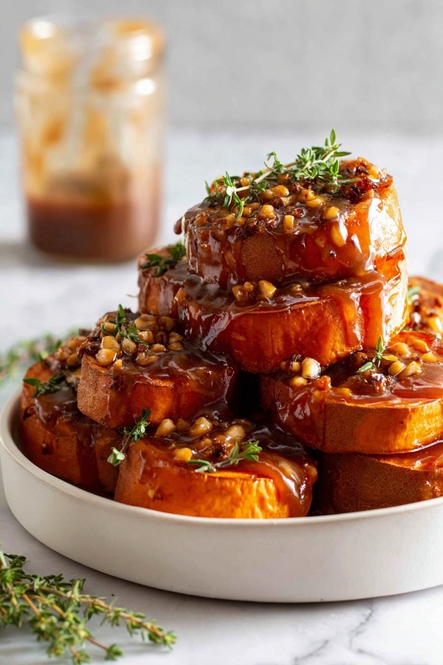A stack of six round, thick slices of cooked sweet potato with a shiny, dark caramelized surface is arranged on a white marbled background. Each slice is topped with small chunks of walnuts and garnished with tiny green herb leaves. A woman's hand pours a thick, glossy, amber-colored sauce over the top slice, dripping down the sides and glistening beautifully on the nuts and sweet potato. The sauce catches the light, adding a rich, sticky texture to the scene. Photo taken with an iphone --ar 2:3 --v 7 - Slow-Roasted Sweet Potatoes with Maple Butter Pecan, sweet potato side dish, maple pecan sauce, roasted sweet potatoes recipe, elegant holiday vegetable