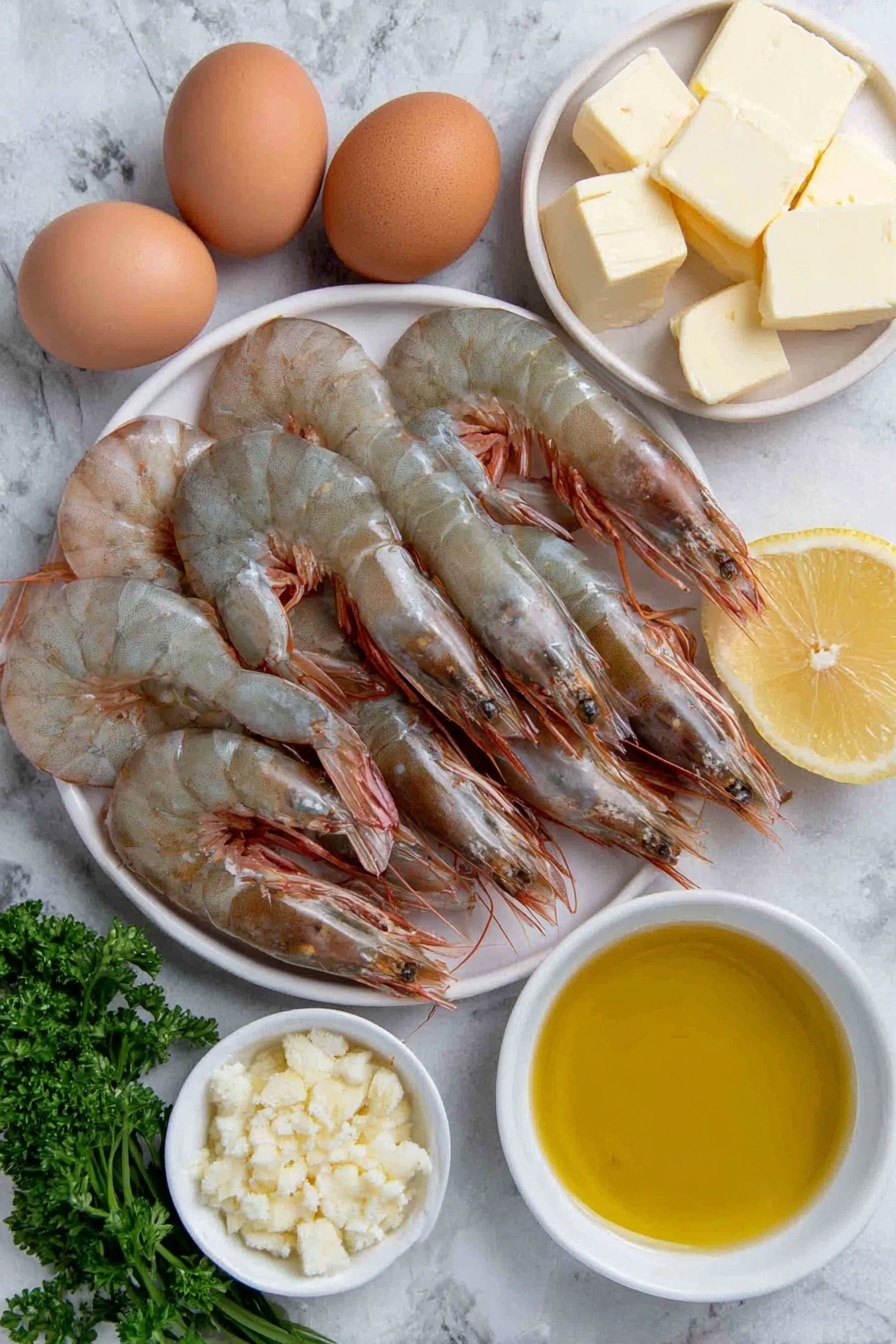 Flat lay of fresh prawns with tails on arranged neatly, a few whole uncracked brown eggs, a small white ceramic bowl of golden extra virgin olive oil, finely chopped garlic cloves placed in a simple white dish, several cubes of pale unsalted butter stacked artfully on a white plate, a small white bowl containing clear dry white wine, a wedge of bright yellow lemon, and a few sprigs of vibrant green parsley scattered gently around, all placed on a clean white marble surface, soft natural light, photo taken with an iPhone, professional food photography style, fresh ingredients, white ceramic bowls, no bottles, no duplicates, no utensils, no packaging --ar 2:3 --v 7 --p m7354615311229779997 - Garlic Shrimp Skillet, garlic shrimp recipe, quick seafood dinner, easy shrimp skillet, flavorful garlic shrimp