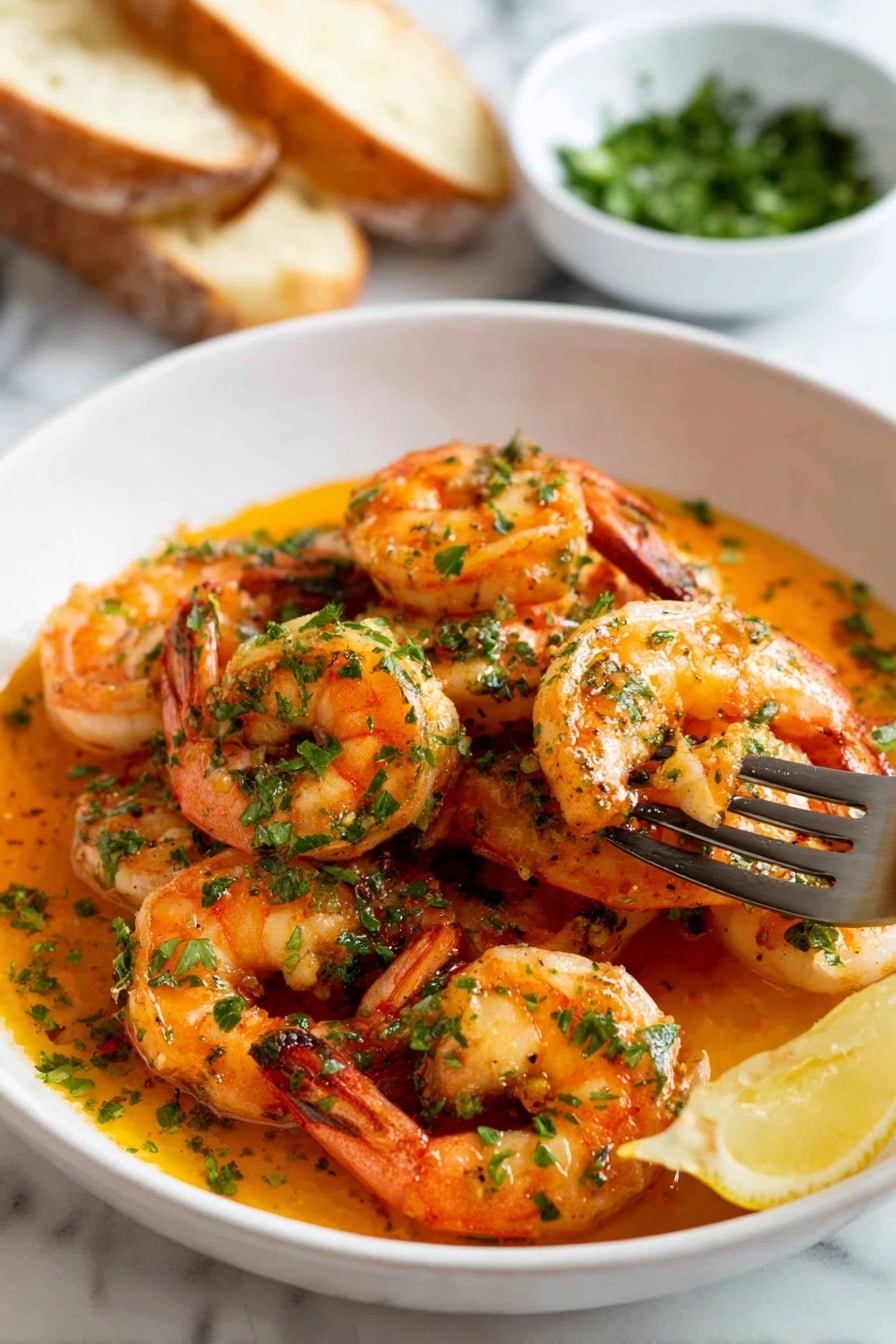 A white bowl filled with two layers of cooked shrimp; the bottom layer is partially covered by an orange butter sauce, while the top layer of shrimp is sprinkled with chopped green herbs. There is a wedge of lemon resting at the edge of the bowl partially submerged in the sauce. A fork is holding one shrimp on the right side of the bowl. In the background, there is a white bowl with finely chopped green herbs and two pieces of toasted bread on a white marbled surface. photo taken with an iphone --ar 2:3 --v 7 - Garlic Shrimp Skillet, garlic shrimp recipe, quick seafood dinner, easy shrimp skillet, flavorful garlic shrimp