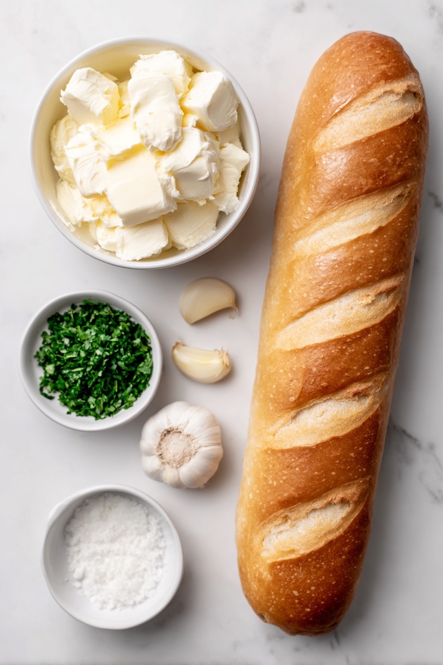 Flat lay of a whole fresh French baguette, a small white ceramic bowl of softened unsalted butter, a few peeled garlic cloves beside a small white bowl of minced garlic, a small white bowl of coarse salt, and a small white bowl of finely chopped fresh parsley, arranged symmetrically on a clean white marble surface, soft natural light, photo taken with an iPhone, professional food photography style, fresh ingredients, white ceramic bowls, no bottles, no duplicates, no utensils, no packaging --ar 2:3 --v 7 --p m7354615311229779997 - Homemade Garlic Bread, Garlic Bread Recipe, Easy Garlic Bread, How to Make Garlic Bread, Best Garlic Bread