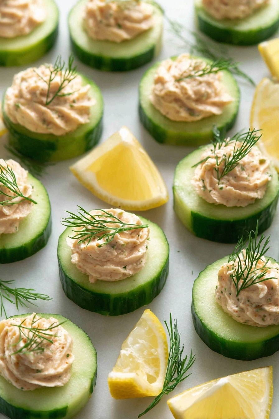 The image shows small round cucumber slices arranged on a white marbled surface. Each slice forms the base layer with a bright green outer skin and a pale green center. On top of each cucumber slice is a thick swirl of creamy, light pinkish-beige spread, textured with small herbs or spices. Each creamy swirl is garnished with a delicate sprig of fresh green dill. Scattered around the cucumber bites are small wedges of bright yellow lemon, adding a pop of color. The overall look is fresh, light, and neatly organized. Photo taken with an iphone --ar 2:3 --v 7 - Smoked Salmon Cucumber Canapés, smoked salmon appetizer, cucumber canapés, smoked salmon finger food, light elegant appetizer