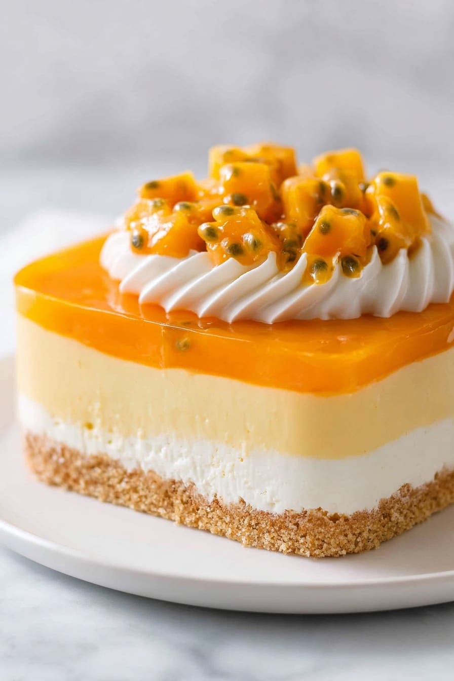 A dessert with three clear layers on a white plate on a white marbled surface: the bottom layer is a light brown crumbly crust, the middle layer is a smooth pale yellow creamy filling, and the top layer is a shiny bright orange jelly. On top of this is a thick, white, fluffy swirl of cream that holds a pile of small orange cubes of fruit mixed with seeds and liquid from a passion fruit. The overall look is fresh and inviting with a mix of smooth and textured elements. Photo taken with an iphone --ar 2:3 --v 7 - No Bake Mango Cheesecake, mango cheesecake without oven, tropical mango dessert, easy no bake cheesecake, summer mango dessert