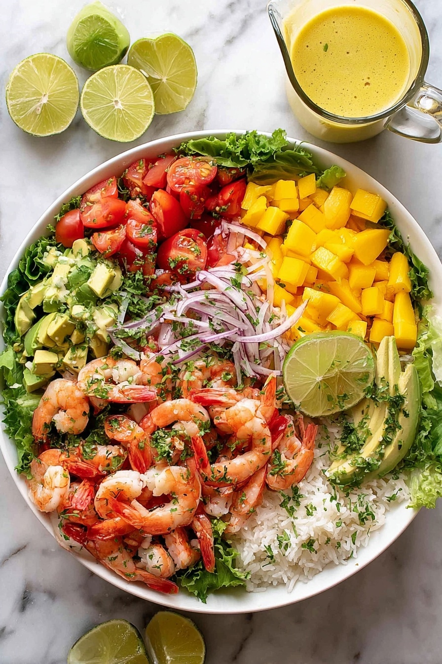 A large white bowl on a white marbled surface is filled with a colorful shrimp salad arranged in neat layers. The base layer is green leafy lettuce spread across the bowl. On top of this, there are sections of diced yellow mango on the upper right, small cherry tomatoes cut in half on the lower left, chopped green avocado pieces on the left, and cooked white rice on the lower right with a lime slice resting on it. In the center, there is a pile of small cooked shrimp mixed with thinly sliced red onions. Garnishes of chopped herbs are sprinkled over the shrimp. A few whole cooked shrimp are placed on the edge of the bowl. Next to the bowl, there are two lime halves and a small clear glass pitcher filled with yellow dressing. Photo taken with an iphone --ar 2:3 --v 7 - Prawn Mango Avocado Salad Lime Dressing, Mango Avocado Seafood Salad, Fresh Summer Prawn Salad, Easy Prawn Mango Salad Recipe, Healthy Fruit and Seafood Salad