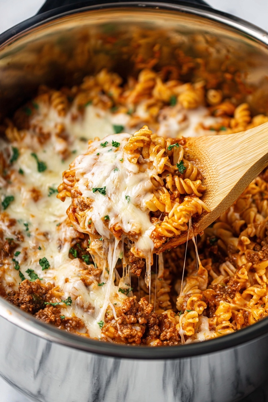 A close-up view of a cooked pasta dish inside a silver pot with a glossy metal surface. The pasta has curly edges and is mixed with ground meat and tomato sauce, creating a rich orange-red and brown base layer. On top, there is a thick layer of melted white and pale yellow cheese, stretched and gooey, sprinkled with small green parsley pieces. A wooden spoon is lifting some pasta and cheese from the pot, showing a mix of textures and colors in one scoop. The background is a white marbled texture photo taken with an iphone --ar 2:3 --v 7 - Instant Pot Lazy Lasagna Dinner, easy lasagna dinner, quick Italian dinner, one-pot lasagna recipe, beginner-friendly lasagna