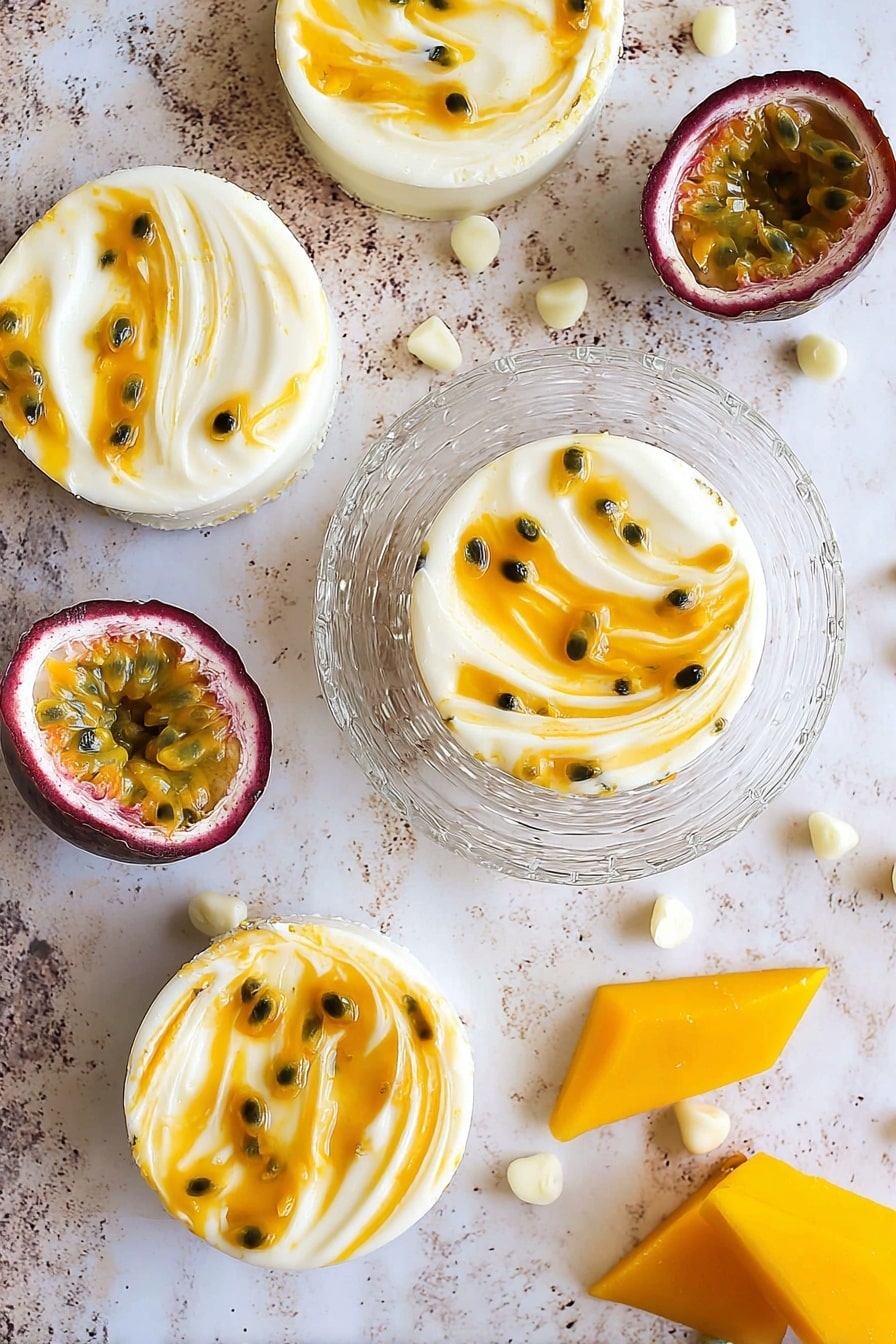 The image shows four round white treats with two visible layers: a creamy white base swirled with bright yellow and orange passion fruit sauce, creating a marbled effect with small black seeds scattered on top. They are arranged on a rough white marbled surface, with one treat placed on a clear swirled glass dish in the center. Around them are scattered small white chocolate chips, yellow mango slices on the bottom right, and a halved passion fruit with its juicy orange pulp and black seeds visible on the top left. The overall look is fresh and vibrant with a tropical feel. photo taken with an iphone --ar 2:3 --v 7 - Mango Passionfruit White Chocolate Cups, tropical fruit dessert, easy white chocolate treats, handmade fruit cups, summer fruit dessert