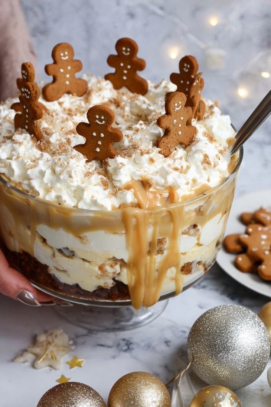 The image shows a large clear glass bowl filled with a layered dessert placed on a white marbled surface. The bottom layer is dark brown, likely a crumb or cake base, topped by a thick layer of creamy caramel-colored sauce with white creamy layers mixed in. The top layer is fluffy white whipped cream, decorated with small gingerbread man cookies standing upright around the edges, and tiny star-shaped brown sprinkles scattered on top. A silver spoon is stuck into the dessert, showing some of the creamy caramel mixture smeared along the inside of the bowl. Nearby on the surface are more gingerbread cookies and shiny silver and gold Christmas ornaments, adding a festive touch. A woman's hand holds the edge of the glass bowl. Photo taken with an iphone --ar 2:3 --v 7 - Gingerbread Trifle with Custard and Caramel, holiday dessert recipes, festive gingerbread dessert, layered holiday trifle, easy Christmas trifle dessert