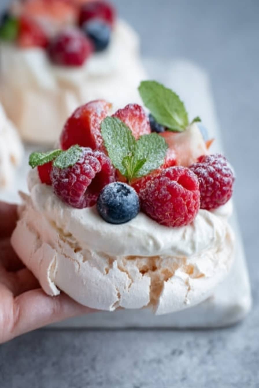 This image shows a small, round dessert with two main layers placed on a white marbled surface. The bottom layer is a light, crisp meringue with a slightly uneven texture and light beige color. On top of the meringue is a thick, smooth layer of white cream, which looks soft and fluffy. The dessert is decorated with a mix of fresh berries: red raspberries, blueberries, and strawberries, which add bright red and dark blue colors. There are small green mint leaves placed on top, adding a fresh contrast. A woman's hand is gently holding the dessert from the side. Photo taken with an iphone --ar 2:3 --v 7 - Christmas Pavlova Wreath, festive pavlova dessert, holiday meringue wreath, Christmas party dessert, easy holiday pavlova