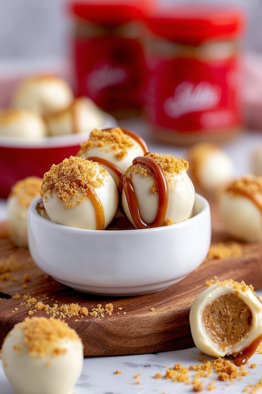 The image shows around twelve small round treats arranged on a wooden board on a white marbled surface. Each treat has an inner layer of brown crumbly cake with an outer smooth white layer of icing or chocolate. Some treats are sliced in half, showing the uniform brown center inside. Several treats are topped with a light brown drizzle and sprinkled with golden crumbs, adding texture contrast. In the background, there is a white bowl filled with brown cookies and a woman's hand holding one cookie above the bowl. Crumbled pieces of cookie are scattered around the board. The scene looks warm and inviting, arranged with care for a dessert presentation photo taken with an iphone --ar 2:3 --v 7 - Biscoff Truffles with White Chocolate, Biscoff truffles, white chocolate dessert, no-bake cookie balls, caramel-spiced truffles