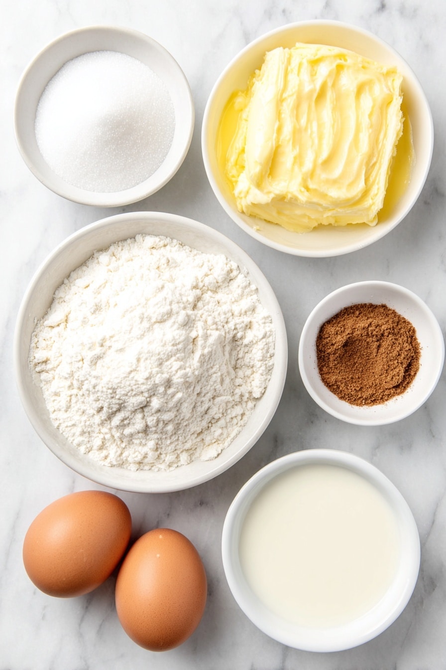 Flat lay of a small white ceramic bowl filled with white granulated sugar, a small white ceramic bowl containing melted margarine with a glossy sheen, a small white ceramic bowl of milk with a creamy texture, a heap of all-purpose flour on the white marble surface, a small white ceramic bowl holding light brown ground cinnamon powder, a small white ceramic bowl of a sugar and cinnamon mixture, and two whole brown eggs with clean shells, all arranged in perfect symmetry and balanced proportions, placed on a clean white marble surface, soft natural light, photo taken with an iPhone, professional food photography style, fresh ingredients, white ceramic bowls, no bottles, no duplicates, no utensils, no packaging --ar 2:3 --v 7 --p m7354615311229779997 - Cinnamon Sugar Mini Donut Muffins, best mini donut muffins, cinnamon sugar muffin recipe, easy baked donut muffins, soft cinnamon muffin bites
