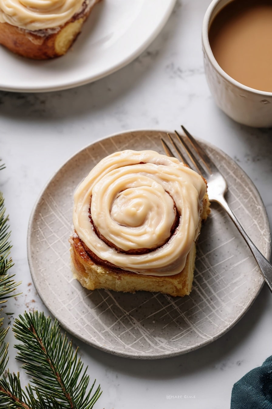 A single cinnamon roll sits in the middle of a white round plate with a subtle cross pattern. The roll has a golden brown spiral bread base with a thick layer of creamy, light tan frosting swirled smoothly on top, following the round shape of the roll. A silver fork rests diagonally on the plate next to the cinnamon roll. The scene includes a partial view of another white plate with cinnamon roll in the top left corner and a white bowl with light brown coffee on the right side, all set on a white marbled textured surface with a sprig of green pine nearby. photo taken with an iphone --ar 2:3 --v 7 - Gingerbread Cinnamon Rolls with Cream Cheese Frosting, festive cinnamon rolls, holiday breakfast recipes, gingerbread desserts, holiday cinnamon roll recipe