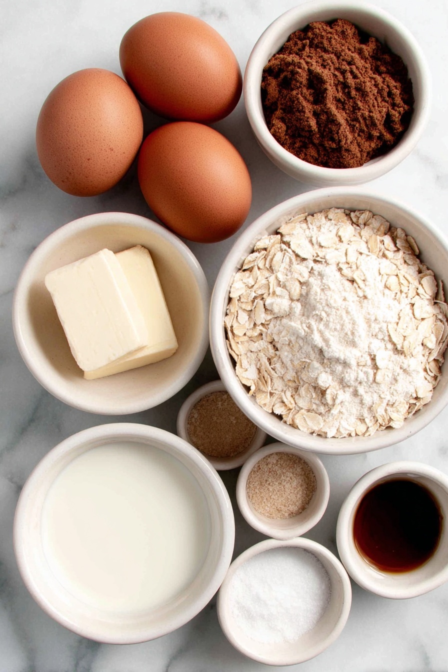 Flat lay of two large brown eggs with clean shells, a small white ceramic bowl of creamy milk, a small white ceramic bowl filled with golden maple syrup, a small white ceramic bowl holding melted butter, a small white ceramic bowl of light brown sugar, a small white ceramic bowl of rolled oats, a small white ceramic bowl of ground cinnamon, a small white ceramic bowl of fine baking powder, a small white ceramic bowl of white salt, a small white ceramic bowl containing clear vanilla extract placed on a clean white marble surface, soft natural light, photo taken with an iPhone, professional food photography style, fresh ingredients, white ceramic bowls, no bottles, no duplicates, no utensils, no packaging --ar 2:3 --v 7 --p m7354615311229779997 - Amish Baked Oatmeal, Healthy Baked Oatmeal Breakfast, Easy Overnight Oatmeal Bake, Cozy Morning Recipes, Wholesome Oatmeal Breakfast