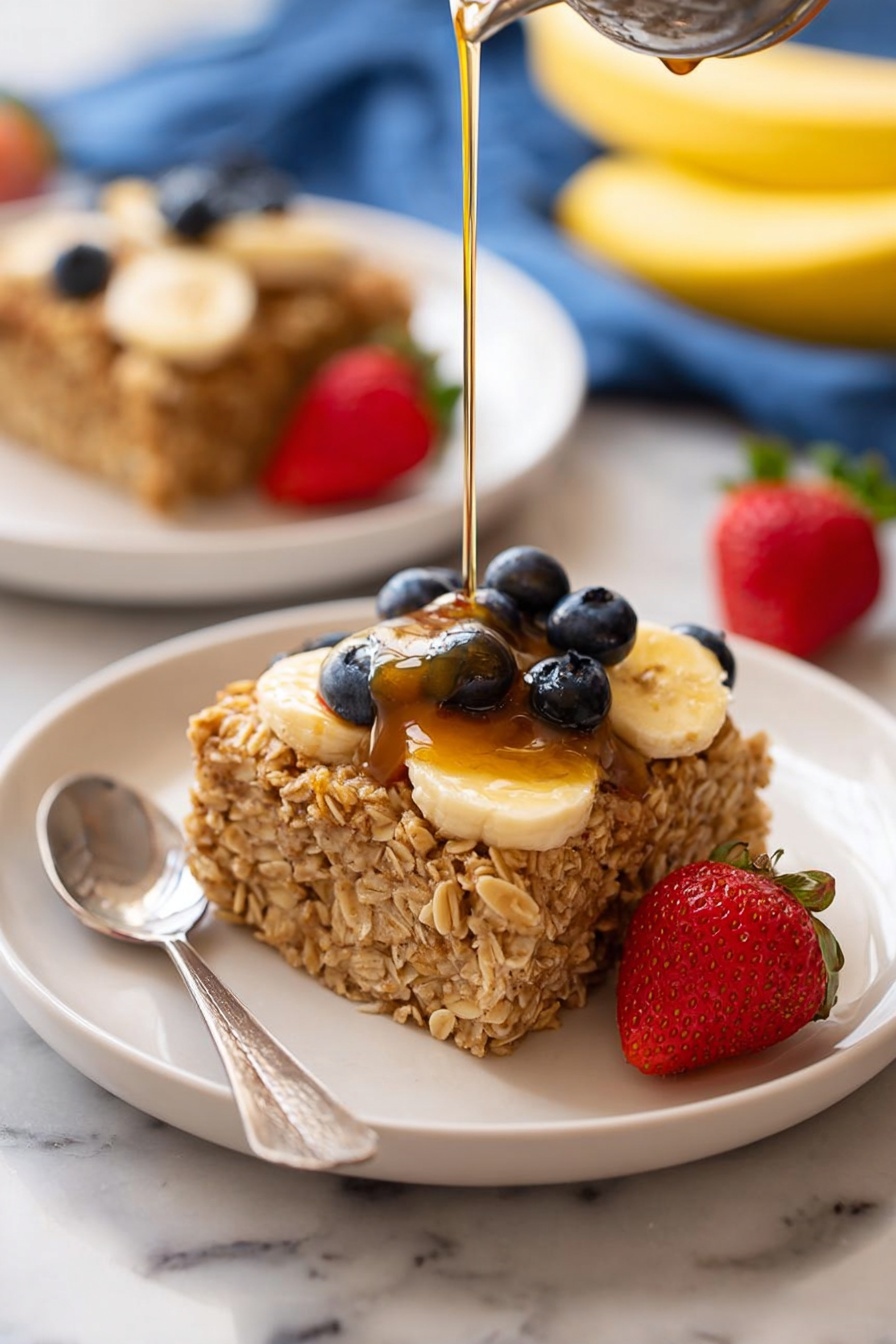 A white plate holds one thick square slice of baked oats, with visible individual oats creating a rough textured top layer in a warm light brown color. On top of the oats, one layer of light yellow banana slices is arranged with a few dark blue blueberries placed among them. A thick golden syrup is being poured over the fruit and oats from above. A bright red strawberry with its green leafy stem sits beside the oats on the plate. A silver spoon rests on the left edge of the plate. In the background, a second plate with the same baked oats topped with blueberries and strawberries is slightly blurred, and a blue napkin and some yellow bananas are faintly visible on a white marbled surface. Photo taken with an iphone --ar 2:3 --v 7 - Amish Baked Oatmeal, Healthy Baked Oatmeal Breakfast, Easy Overnight Oatmeal Bake, Cozy Morning Recipes, Wholesome Oatmeal Breakfast