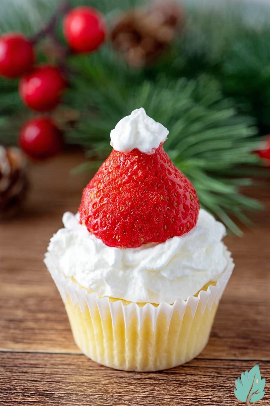 The image shows a small dessert with three layers: the base is a yellow cupcake inside a white paper cup; the middle layer is white whipped cream spread around the cupcake top; the top layer is a bright red strawberry placed upside down with a small dollop of white whipped cream on its tip. The dessert is set on a wooden surface with green pine leaves and red round berries slightly blurred in the background. photo taken with an iphone --ar 2:3 --v 7 - Festive Santa Hat Mini Cheesecakes, holiday cheesecakes, mini cheesecake recipe, Christmas dessert ideas, festive holiday treats
