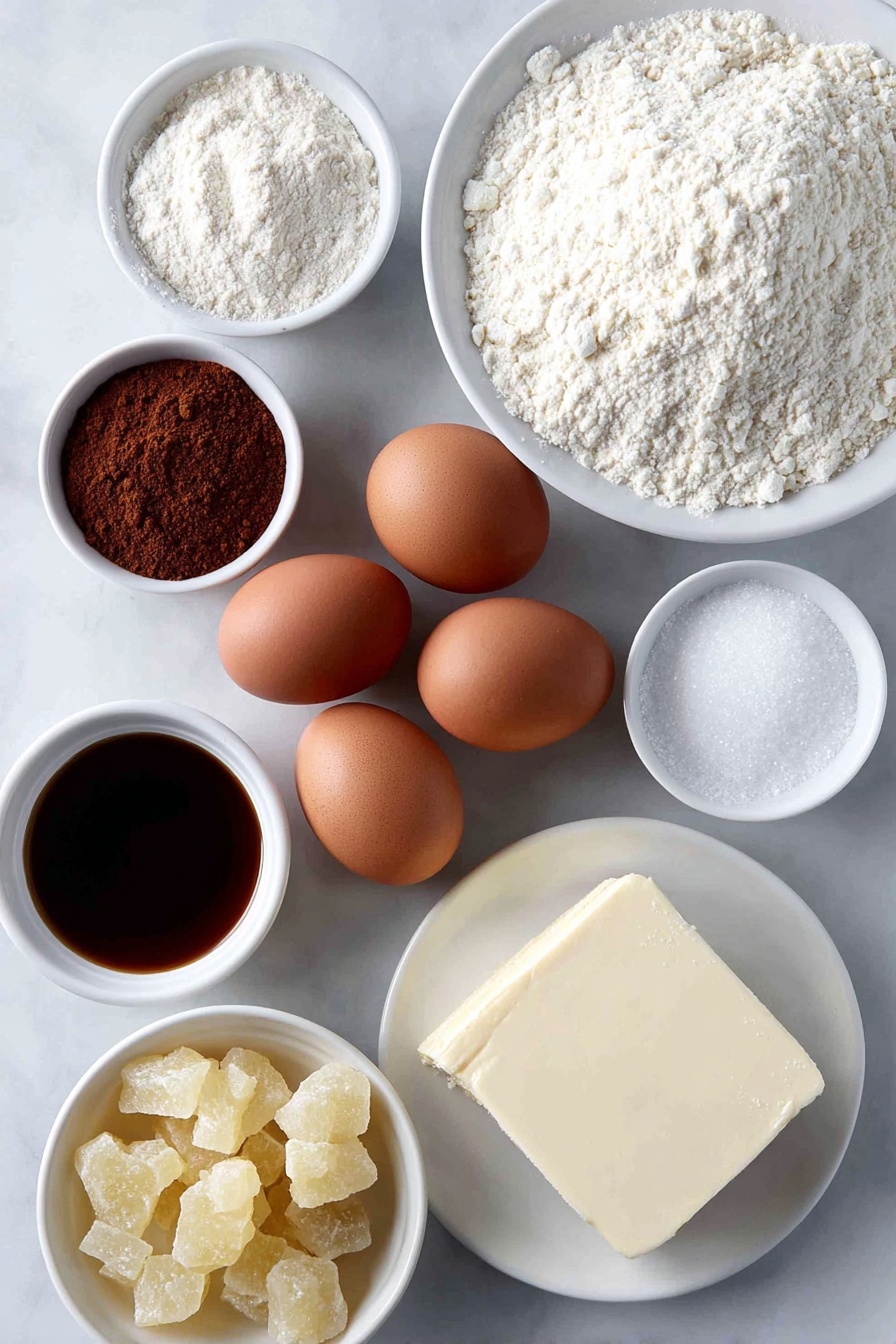 Flat lay of three whole uncracked brown eggs with clean shells, a small mound of all-purpose flour on a simple white ceramic plate, a small white bowl with ground cinnamon powder, a small white bowl with ground cloves, a small white bowl with ground ginger, a small white bowl with kosher salt, a small white bowl with baking soda, a small white bowl holding dark amber molasses, a small white bowl containing melted golden butter, a small white bowl with granulated white sugar, a simple white ceramic plate with a block of soft cream cheese, a small white bowl with unsalted butter, a small white bowl with vanilla extract, a small white bowl of minced crystallized ginger pieces, and a small white plate with fine confectioners’ sugar powder placed neatly in a balanced and symmetrical arrangement on a clean white marble surface, soft natural light, photo taken with an iPhone, professional food photography style, fresh ingredients, white ceramic bowls, no bottles, no duplicates, no utensils, no packaging --ar 2:3 --v 7 --p m7354615311229779997 - Gingerbread Cake Roll with Cream Cheese Filling, festive gingerbread dessert, holiday cake roll, gingerbread cake recipe, holiday dessert ideas