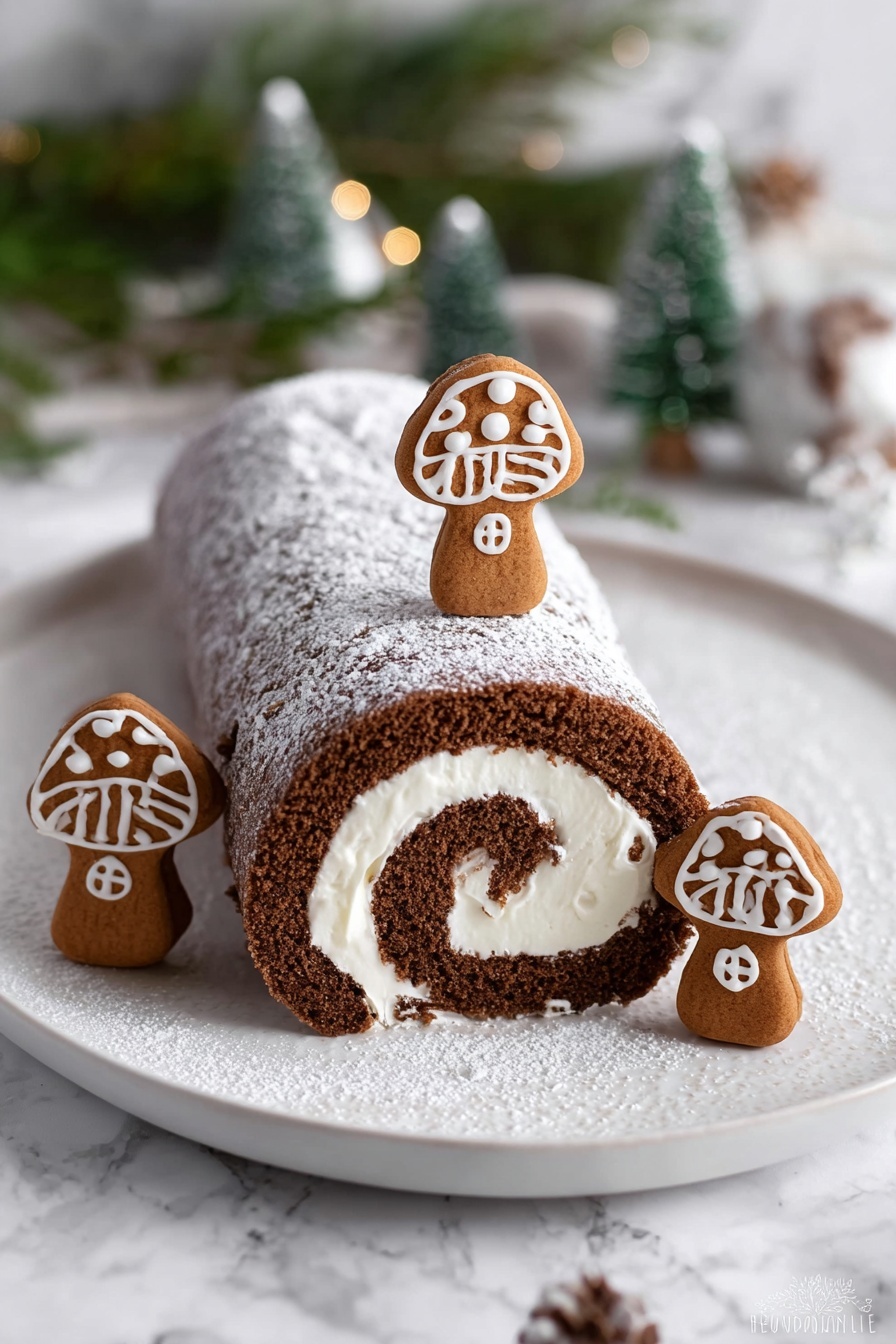 The image shows a rolled chocolate cake log with white cream filling spiraled inside. The cake is dusted with powdered sugar on top. Three small mushroom-shaped gingerbread cookies decorated with white icing are placed around the cake: one standing upright on the top middle of the log and two on the white plate beside it. The plate is white with a slightly textured surface, set on a white marbled background, with some blurred green and white holiday decorations in the background. photo taken with an iphone --ar 2:3 --v 7 - Gingerbread Cake Roll with Cream Cheese Filling, festive gingerbread dessert, holiday cake roll, gingerbread cake recipe, holiday dessert ideas