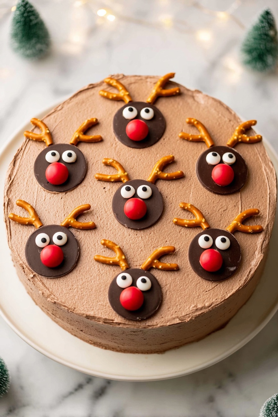 A round chocolate cake with a smooth, light brown frosting layer covers the top. On the cake, there are eight evenly spaced circular shapes made of darker chocolate, each with a red candy ball in the center representing a nose. Each circle has two white candy eyes placed above the red nose. Pretzel twists are used as antlers beside the eyes on each reindeer face. The cake is on a white plate, and the background is a white marbled surface with small green Christmas tree decorations. Photo taken with an iphone --ar 2:3 --v 7 - Chocolate Orange Reindeer Cake, festive holiday cake, Christmas dessert with orange and chocolate, reindeer themed cake recipe, easy holiday cake idea