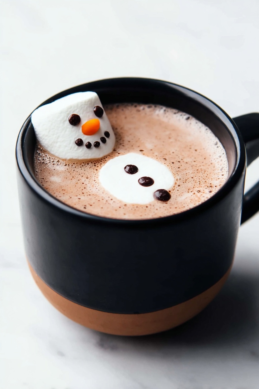 A black cup with a brown base filled with light brown hot chocolate, topped with a white round marshmallow floating on the left side. The marshmallow has a smiling snowman face made from small dark chocolate dots arranged as eyes, mouth, and buttons, with an orange candy piece as the nose. The cup is set on a white marbled surface. Photo taken with an iphone --ar 2:3 --v 7 - Mint Snowman Marshmallows, holiday marshmallow treats, festive marshmallow decorations, minty holiday snacks, easy winter dessert