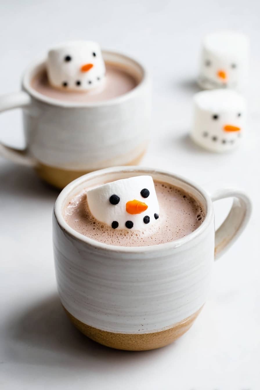 There are two white cups with a light brown bottom part, each filled with light brown hot chocolate. On top of the hot chocolate, a round white marshmallow floats with small black dots for eyes and mouth, and an orange carrot-shaped nose, resembling a snowman face. In the background, on a white marbled surface, there are two more marshmallows with the same snowman face design. The overall scene is bright and clean. photo taken with an iphone --ar 2:3 --v 7 - Mint Snowman Marshmallows, holiday marshmallow treats, festive marshmallow decorations, minty holiday snacks, easy winter dessert
