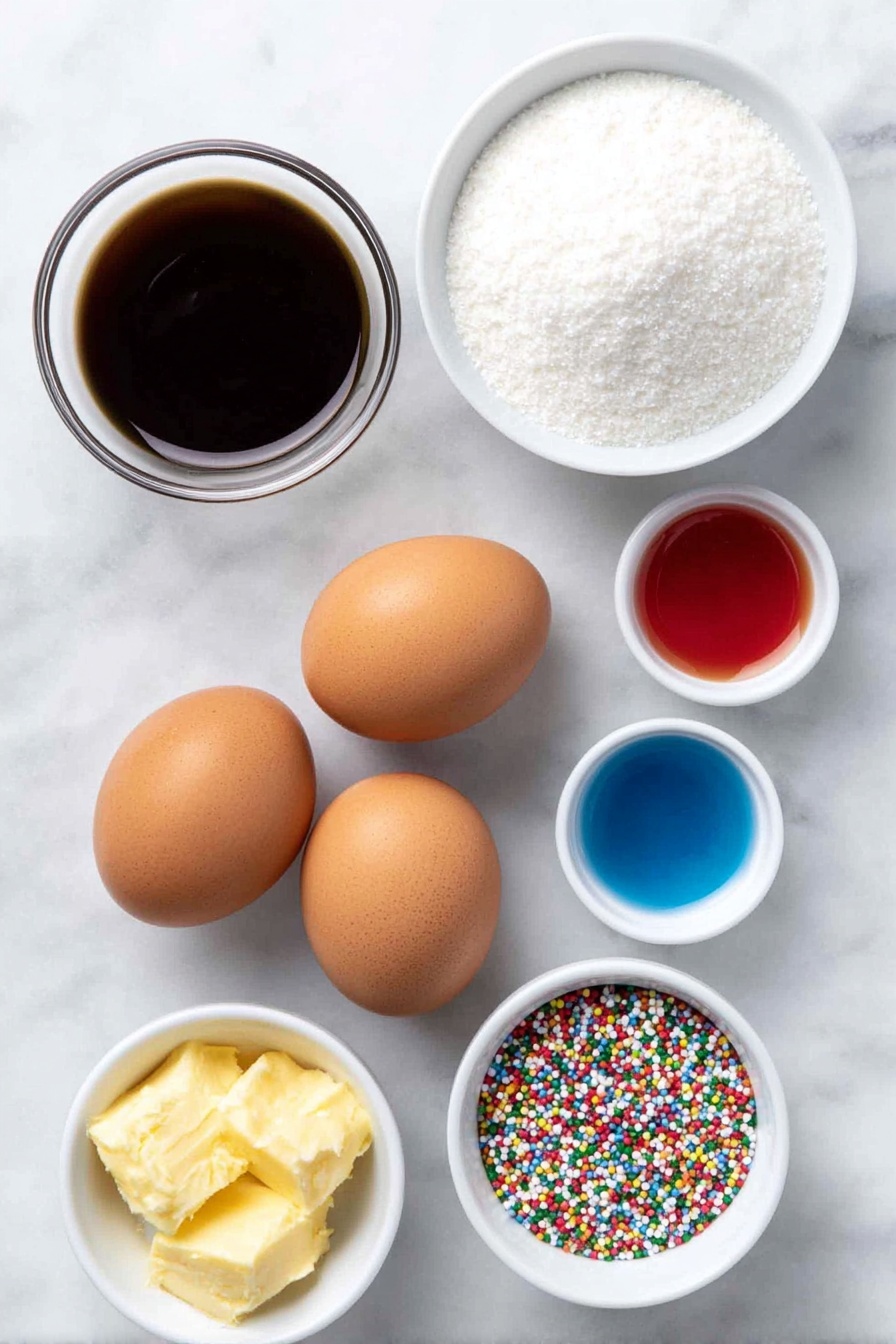 Flat lay of four whole uncracked brown eggs, a small white ceramic bowl filled with granulated white sugar, a small white ceramic bowl containing clear pure vanilla extract, three small white ceramic bowls each with a dollop of bright gel food coloring in red, blue, and yellow, and a small white ceramic bowl holding colorful round sprinkles, all arranged in perfect symmetry on a clean white marble surface, soft natural light, photo taken with an iPhone, professional food photography style, fresh ingredients, white ceramic bowls, no bottles, no duplicates, no utensils, no packaging --ar 2:3 --v 7 --p m7354615311229779997 - Colorful Meringue Lollipops, Vibrant Meringue Treats, Easy Meringue Candy, Bright Dessert Ideas, DIY Meringue Lollipops