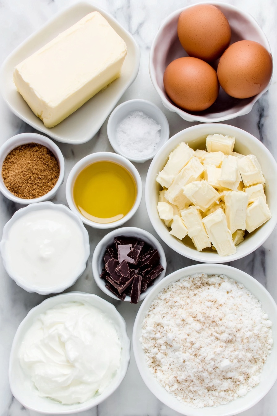 Flat lay of fresh cream cheese block, two whole uncracked brown eggs, a small stick of unsalted butter at room temperature, a small white bowl of sour cream, a small white bowl filled with white baking chocolate chunks, a small white bowl with brown sugar crystals, a small white bowl of golden melted butter, a small white bowl of finely crushed graham cracker crumbs, a small white bowl containing ground ginger powder, a small white bowl with ground cinnamon, a small white bowl with ground nutmeg, a small white bowl of ground cardamom, a small white bowl of vanilla extract, a small white bowl of sea salt, a small white bowl with fresh lemon zest strands placed on a clean white marble surface, soft natural light, photo taken with an iPhone, professional food photography style, fresh ingredients, white ceramic bowls, no bottles, no duplicates, no utensils, no packaging --ar 2:3 --v 7 --p m7354615311229779997 - No-Bake Gingerbread Cheesecake Cups, holiday no-bake desserts, easy Christmas desserts, festive cheesecake cups, cozy gingerbread treats