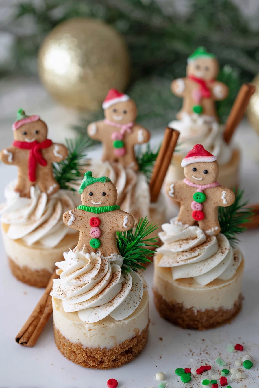 The image shows a group of mini cheesecakes on a white surface with small green and red sprinkles scattered around. Each cheesecake has a light brown crumb base, topped with a light beige creamy layer, and a swirl of white whipped cream dusted with cinnamon on one side. A small cinnamon stick is placed beside the whipped cream on each cheesecake. On top of each cheesecake, there is a small gingerbread man cookie decorated with colorful icing hats, scarves, and buttons in red, green, and white. Small green pine sprigs decorate the cheesecakes, and the background features out-of-focus Christmas greenery and a large gold ornament. photo taken with an iphone --ar 2:3 --v 7 - No-Bake Gingerbread Cheesecake Cups, holiday no-bake desserts, easy Christmas desserts, festive cheesecake cups, cozy gingerbread treats