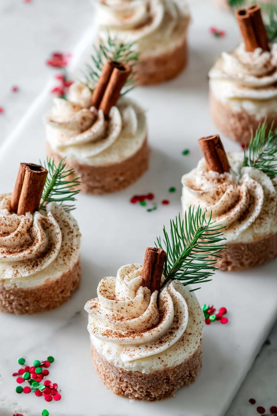 The image shows six small, round desserts arranged on a white marbled surface. Each dessert has three main layers: a light brown, slightly rough-textured base; on top of that, a swirl of white cream dusted with brown cinnamon powder; the cream is sprinkled unevenly, giving a speckled look. A single cinnamon stick is stuck upright into the base layer in each dessert, slightly off-center. Next to the cream swirl on each dessert is a small green pine leaf, adding a fresh green accent. Around the desserts, small red and green round sprinkles are scattered on the white marble background. Photo taken with an iphone --ar 2:3 --v 7 - No-Bake Gingerbread Cheesecake Cups, holiday no-bake desserts, easy Christmas desserts, festive cheesecake cups, cozy gingerbread treats