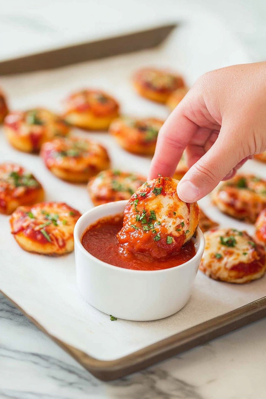 Small round pizza bites are placed on a white parchment-lined baking tray, each topped with bright red tomato sauce, melted cheese, and sprinkled with green chopped herbs. One pizza bite is held by a person's fingers dipping into a white bowl filled with thick red marinara sauce. The background is a white marbled surface. The pizza bites look golden and slightly crispy on the edges. photo taken with an iphone --ar 2:3 --v 7 - Festive Pull-Apart Christmas Tree Pizza Bites, Christmas appetizer ideas, holiday finger foods, cheesy pizza bites for holidays, Christmas party snacks