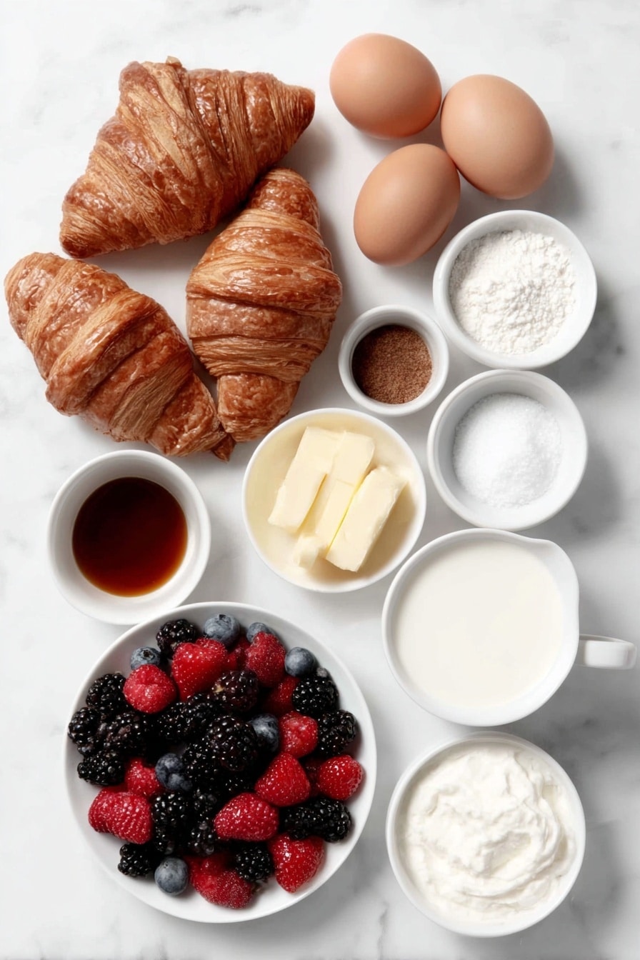 Flat lay of fresh large croissants torn into chunks, five whole brown eggs with clean shells, a small white bowl of whole milk, a small white bowl of heavy cream, a small white bowl with melted butter, a small white bowl filled with granulated sugar, a small white bowl with golden vanilla extract, a small white bowl containing ground cinnamon, a small white bowl with fine sea salt, a white ceramic plate piled with fresh mixed berries including blueberries, strawberries, blackberries, and raspberries, all arranged in perfect symmetry and balanced proportions, placed on a clean white marble surface, soft natural light, photo taken with an iPhone, professional food photography style, fresh ingredients, white ceramic bowls, no bottles, no duplicates, no utensils, no packaging --ar 2:3 --v 7 --p m7354615311229779997 - Blueberry Croissant French Toast Bake, breakfast casserole with blueberries, easy brunch recipes, cinnamon croissant bake, make-ahead breakfast ideas