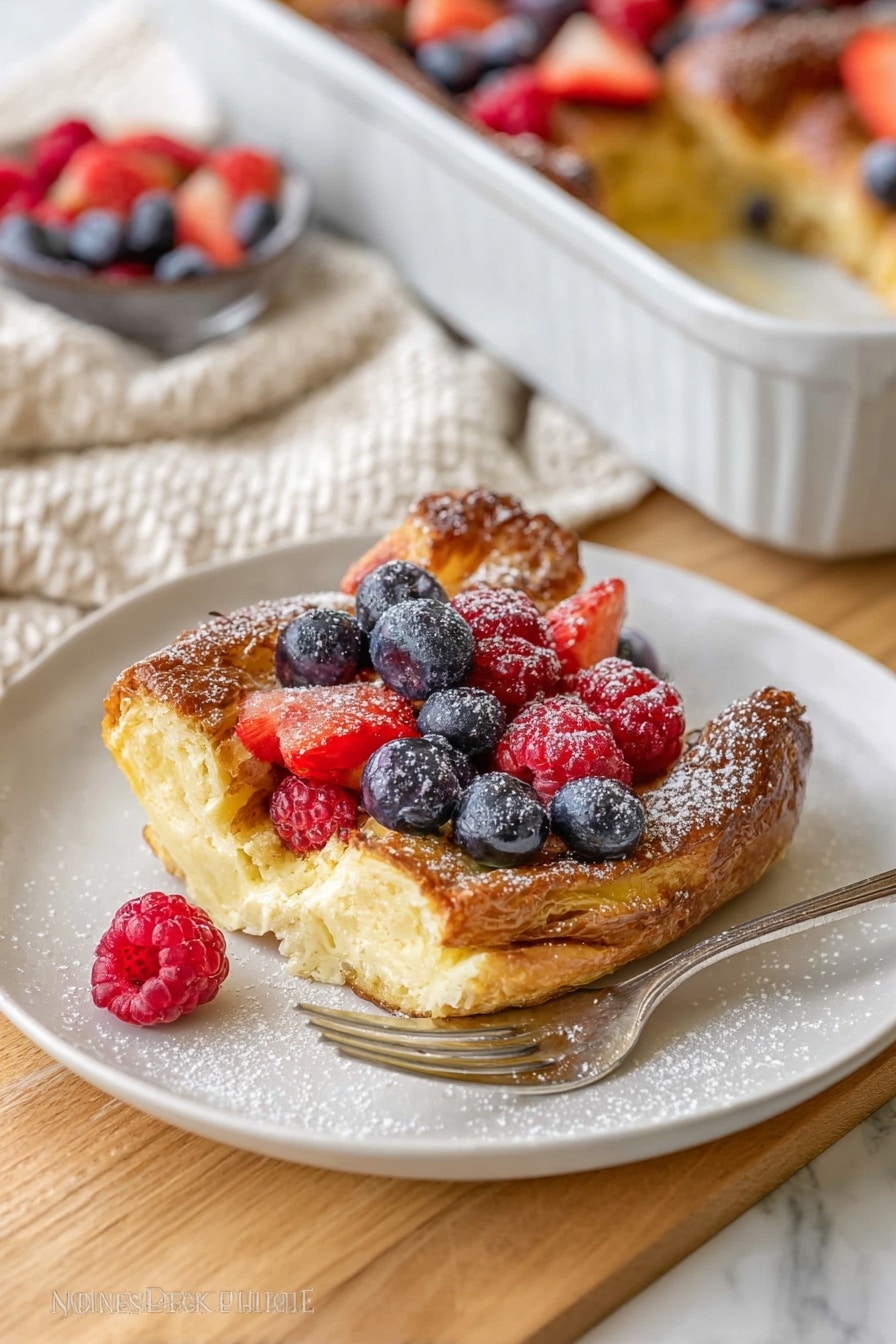 A slice of golden brown baked pastry sits on a white plate, topped with scattered fresh blueberries, halved strawberries, and whole raspberries. The pastry layer is flaky and crisp on the outside, with a soft, custard-like yellow center visible through the broken edge. More mixed berries are placed both on and around the pastry, dusted lightly with powdered sugar. The plate rests on a light wooden surface next to a silver fork with a single raspberry beside it. In the background, a white baking dish filled with more of the same pastry and berries sits on a beige and white textured cloth on a white marbled surface. Photo taken with an iphone --ar 2:3 --v 7 - Blueberry Croissant French Toast Bake, breakfast casserole with blueberries, easy brunch recipes, cinnamon croissant bake, make-ahead breakfast ideas