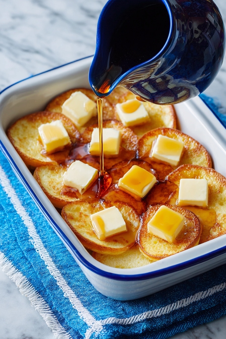 A white rectangular dish with a blue rim filled with two layers of golden brown pancakes neatly arranged overlapping each other. On top of the pancakes are several small squares of melting butter, scattered evenly across the surface, with maple syrup being poured from a dark blue pitcher over the pancakes, creating a shiny, sticky texture. The dish rests on a blue cloth with white trim, all placed on a white marbled surface. Photo taken with an iphone --ar 2:3 --v 7 - Easy Breakfast Pancake Casserole, breakfast casserole, pancake bake, overnight breakfast dish, brunch casserole