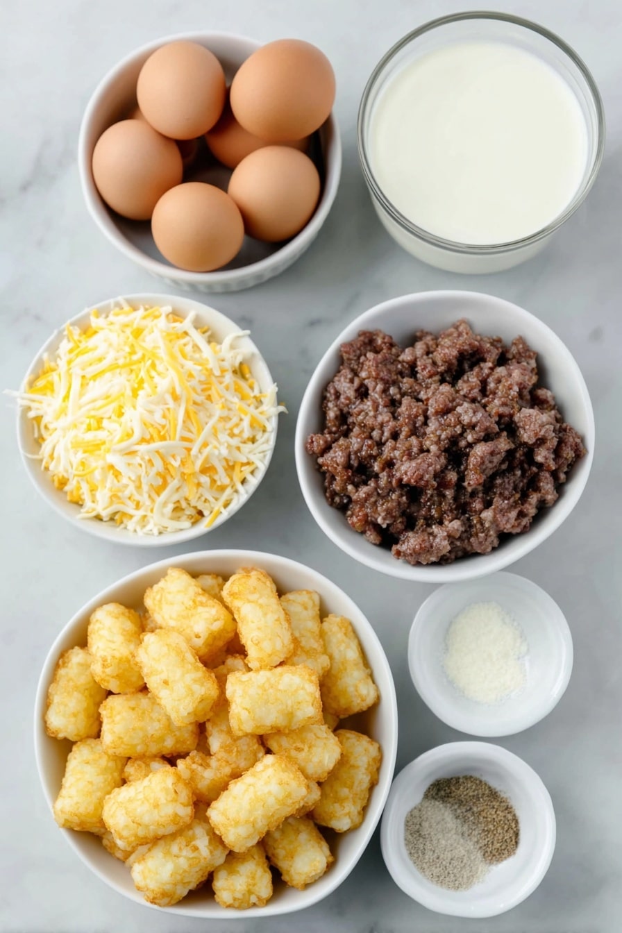Flat lay of cooked and crumbled breakfast sausage with browned edges, a pile of crispy golden frozen tater tots, a small white ceramic bowl filled with shredded Mexican blend cheese, eight whole brown eggs with clean shells arranged neatly, a small white bowl of creamy milk, and three small white bowls containing kosher salt crystals, freshly ground black pepper, and a fine garlic powder mixed with onion powder, all placed symmetrically on a clean white marble surface, soft natural light, photo taken with an iPhone, professional food photography style, fresh ingredients, white ceramic bowls, no bottles, no duplicates, no utensils, no packaging --ar 2:3 --v 7 --p m7354615311229779997 - Tater Tot Breakfast Casserole, breakfast casserole with tater tots, easy breakfast casserole recipe, savory breakfast bake, weekend breakfast ideas