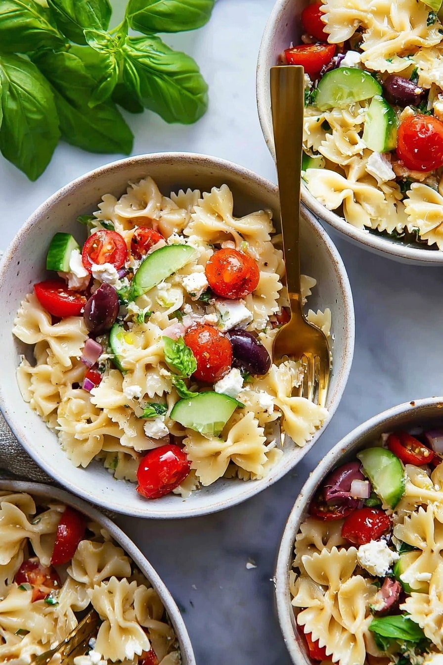 A close-up of three white bowls filled with bowtie pasta salad sitting on a white marbled surface. Each bowl contains light beige bowtie pasta mixed with bright red halved cherry tomatoes, small chunks of white feta cheese, dark purple olives, and slices of green cucumber. Fresh green basil leaves are scattered on top, adding a pop of color and texture. A gold spoon rests inside the middle bowl. In the upper left corner, fresh basil leaves are visible, enhancing the fresh feel of the dish. Photo taken with an iphone --ar 2:3 --v 7 - Easy Greek Pasta Salad, Greek Pasta Salad, Mediterranean Pasta Salad, quick pasta salad, healthy pasta salad