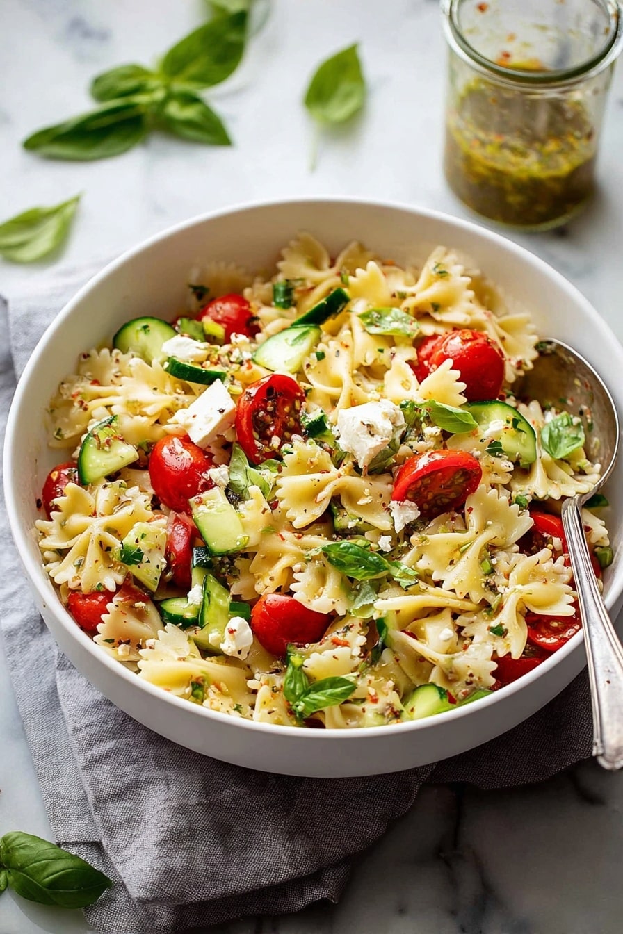 A white bowl filled with farfalle pasta mixed with small red cherry tomato halves, thin green cucumber slices, small white cheese cubes, and fresh green basil leaves scattered on top. The pasta and vegetables are lightly coated with a dressing, giving a slight shine. The bowl sits on a light gray cloth on a white marbled surface, with a glass jar of dressing and a spoon inside the bowl visible in the background. Fresh basil leaves are also scattered on the marbled surface around the bowl. Photo taken with an iphone --ar 2:3 --v 7 - Easy Greek Pasta Salad, Greek Pasta Salad, Mediterranean Pasta Salad, quick pasta salad, healthy pasta salad