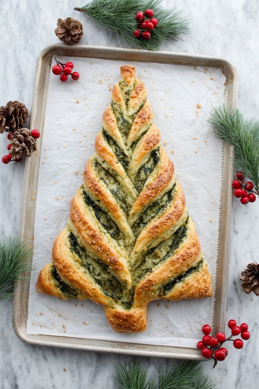 A golden-brown pastry shaped like a Christmas tree rests on a white baking sheet with white parchment paper. The pastry has three layers of twisted green herb filling that create leaf-like patterns on both sides, leaving a plain center strip. Near the top, the pastry tapers into a pointed tip, completing the tree shape. Around the tray are small green pine branches, red berries, and pine cones for decoration, all placed on a white marbled surface. Photo taken with an iphone --ar 2:3 --v 7 - Christmas Tree Spinach Dip Breadsticks, festive spinach dip breadsticks, holiday appetizer recipes, cheesy spinach breadsticks, Christmas party snacks