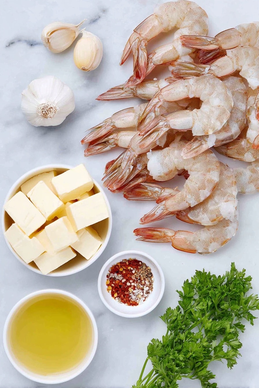 Flat lay of a cluster of large raw shrimp with shells off and tails on, six whole garlic cloves, a small white ceramic bowl of pale yellow butter cubes, a small white ceramic bowl of bright lemon juice, a small white ceramic bowl of white wine, a few vibrant green sprigs of fresh parsley, a small white ceramic bowl of red pepper flakes, and small piles of coarse salt and freshly ground black pepper, all arranged with perfect symmetry and balanced proportions, placed on a clean white marble surface, soft natural light, photo taken with an iPhone, professional food photography style, fresh ingredients, white ceramic bowls, no bottles, no duplicates, no utensils, no packaging --ar 2:3 --v 7 --p m7354615311229779997 - Easy Shrimp Scampi, shrimp scampi recipe, quick seafood dinner, garlic shrimp pasta, lemon butter shrimp