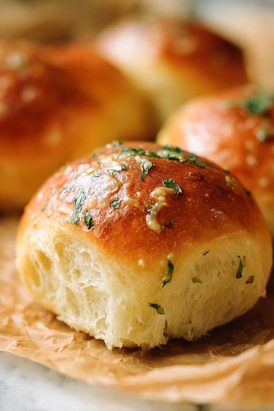 A soft, golden brown bread roll sits on crumpled parchment paper, with a shiny top sprinkled lightly with small green herb flakes. The bread's inside is fluffy and light with a slightly uneven texture showing small air pockets. The background shows more rolls blurred out, all on a white marbled surface. photo taken with an iphone --ar 2:3 --v 7 - Garlic Herb Soft Dinner Rolls, homemade dinner rolls, easy bread recipes, fluffy garlic rolls, buttery herb dinner buns